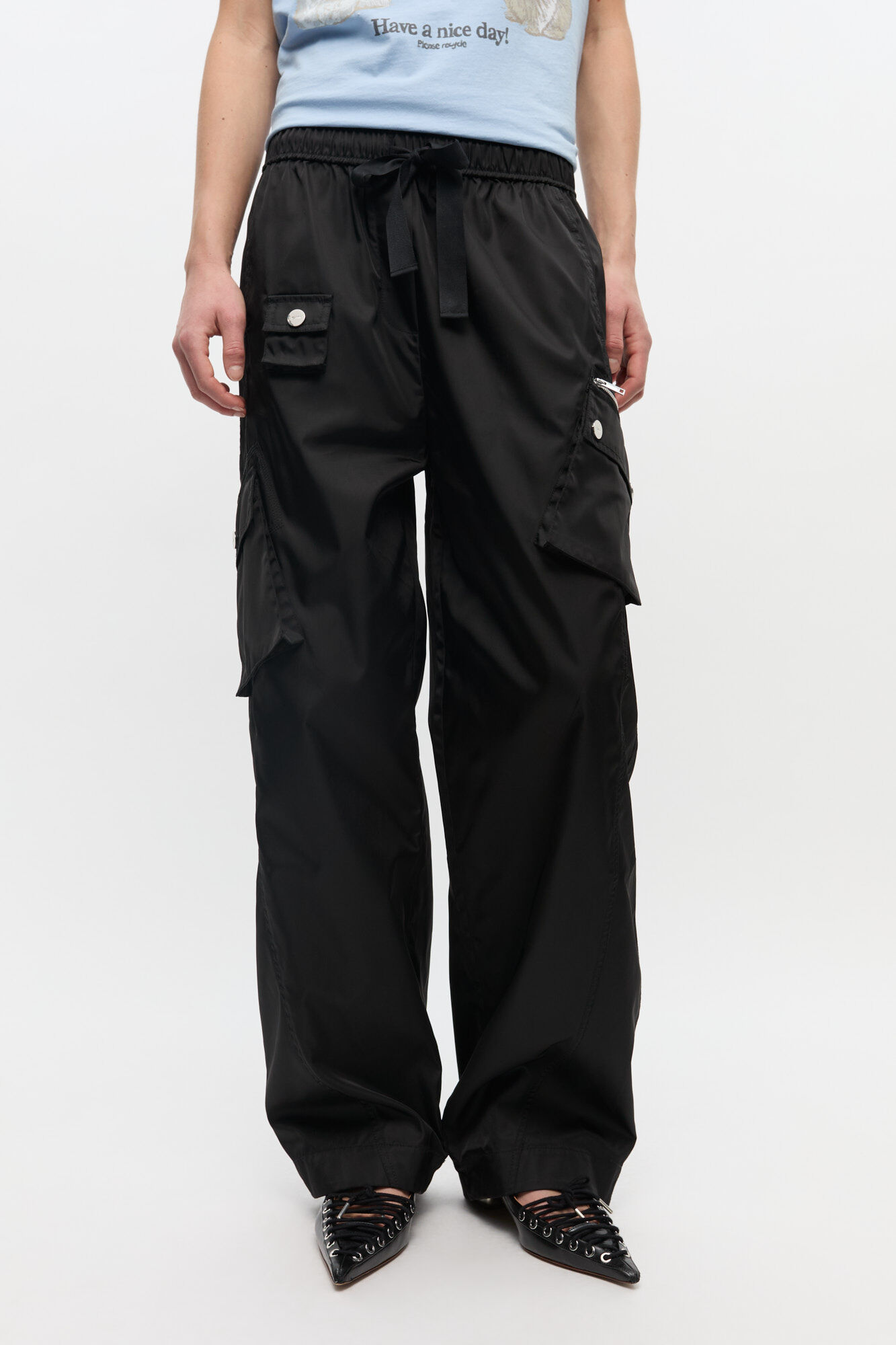 Svarta elastiska byxor i nylon, Recycled Polyamide, in colour Black - 2 - GANNI
