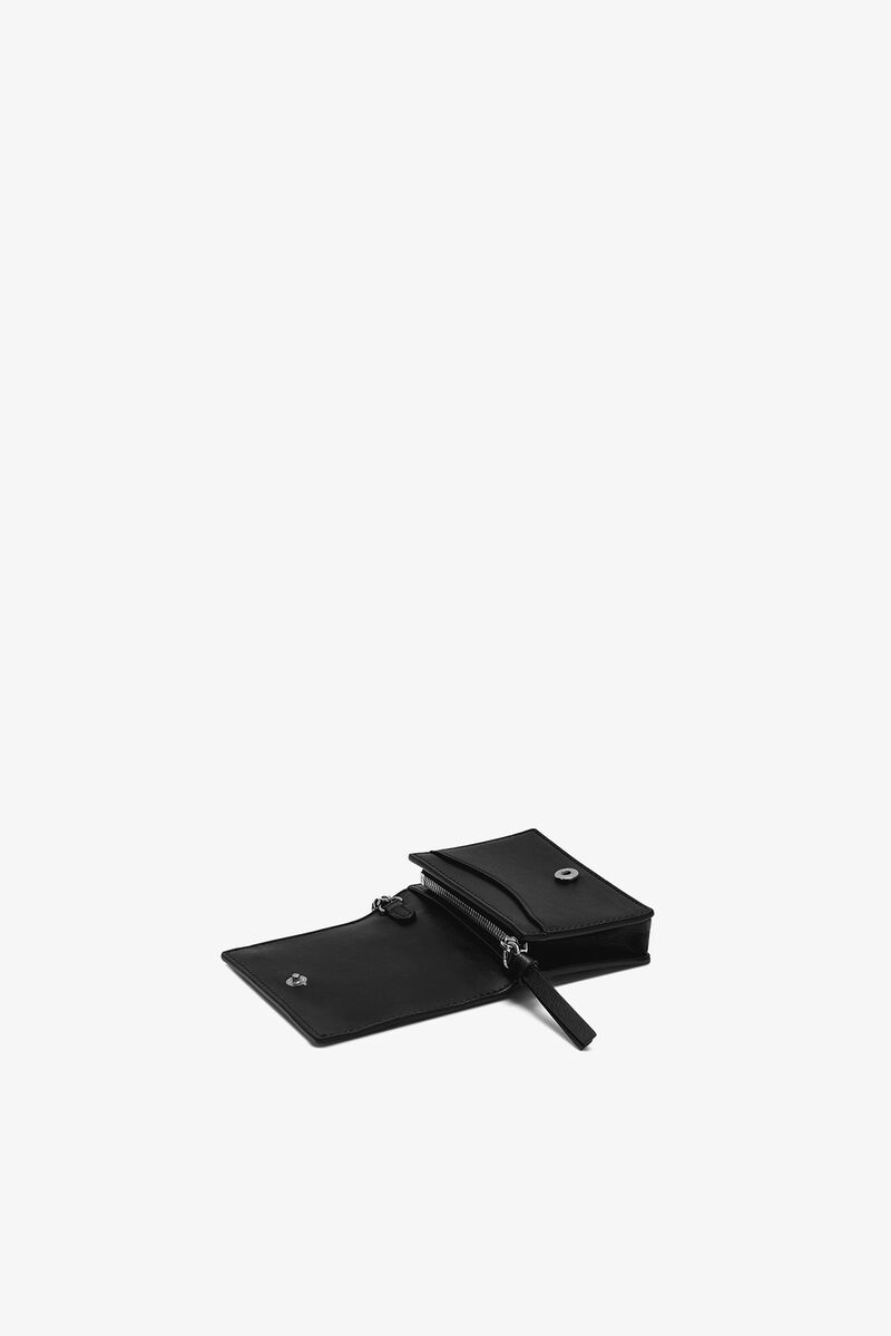 Bou Card Holder with Flap and Heart Studs in Black, Recycled Leather, in colour Black - 3 - GANNI