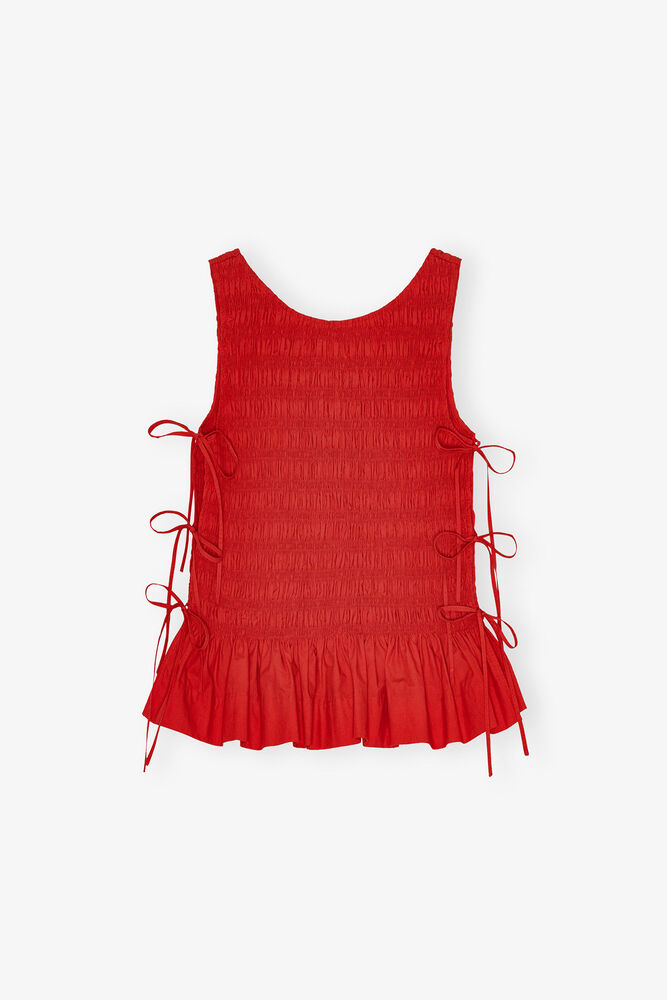 Haut à liens smocké en coton rouge, Racing Red
