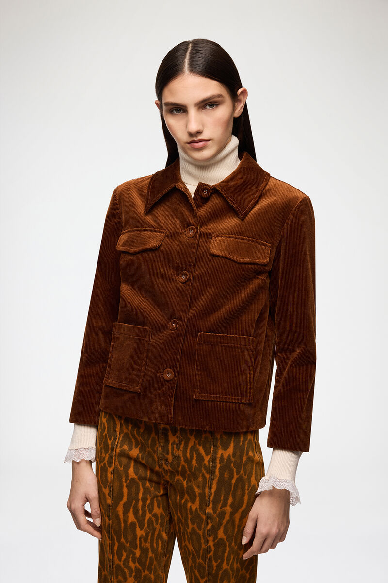 Blazer i brun kordfløyel, Organic Cotton, in colour Tortoise Shell - 1 - GANNI