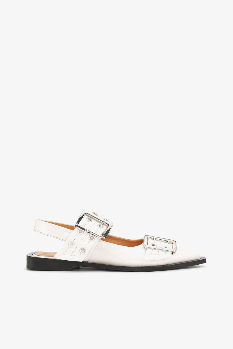 Feminine Buckle Ballerinas in Ivory, Polyurethane, in colour Egret - 1 - GANNI
