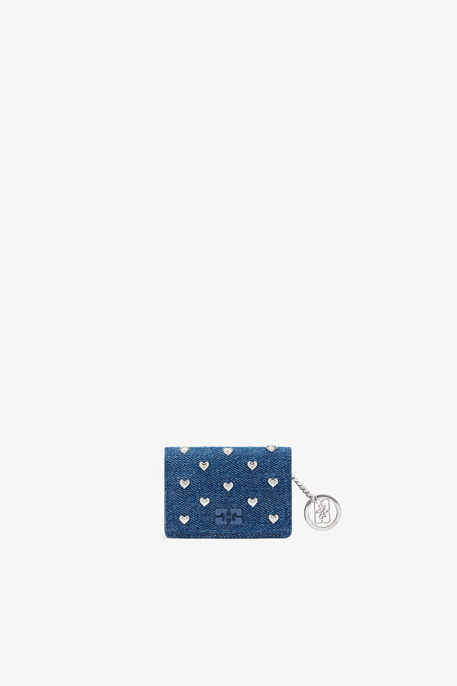 Bou Card Holder with Flap and Heart Studs in Denim, Faded Denim