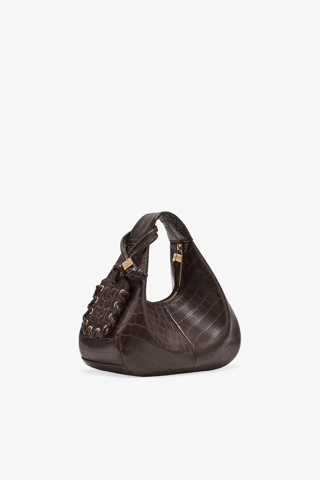 Mini Hobo Bag in Brown Croco, Recycled Leather, in colour Chocolate Fondant - 2 - GANNI
