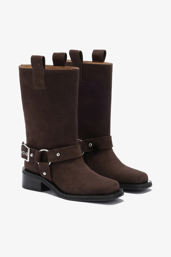 Mid Shaft Biker Boot in Brown Suede, Chicory Coffee