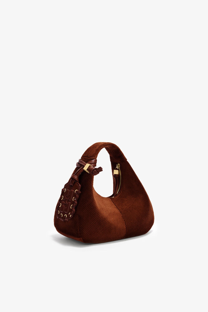 Mini Hobo Bag in Brown Corduroy, Tortoise Shell