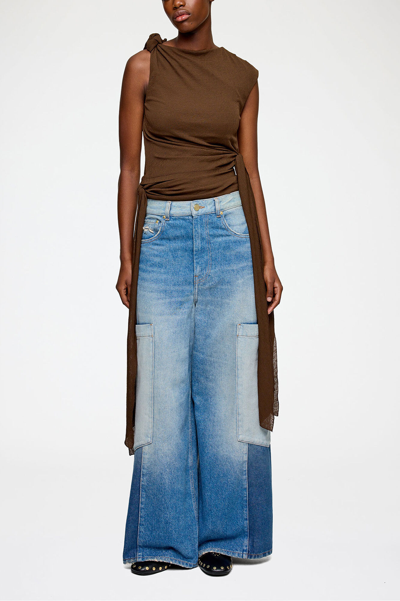 Baggy Cargo Jeans in Patchwork Denim, Organic Cotton, in colour Mid Blue Vintage - 1 - GANNI