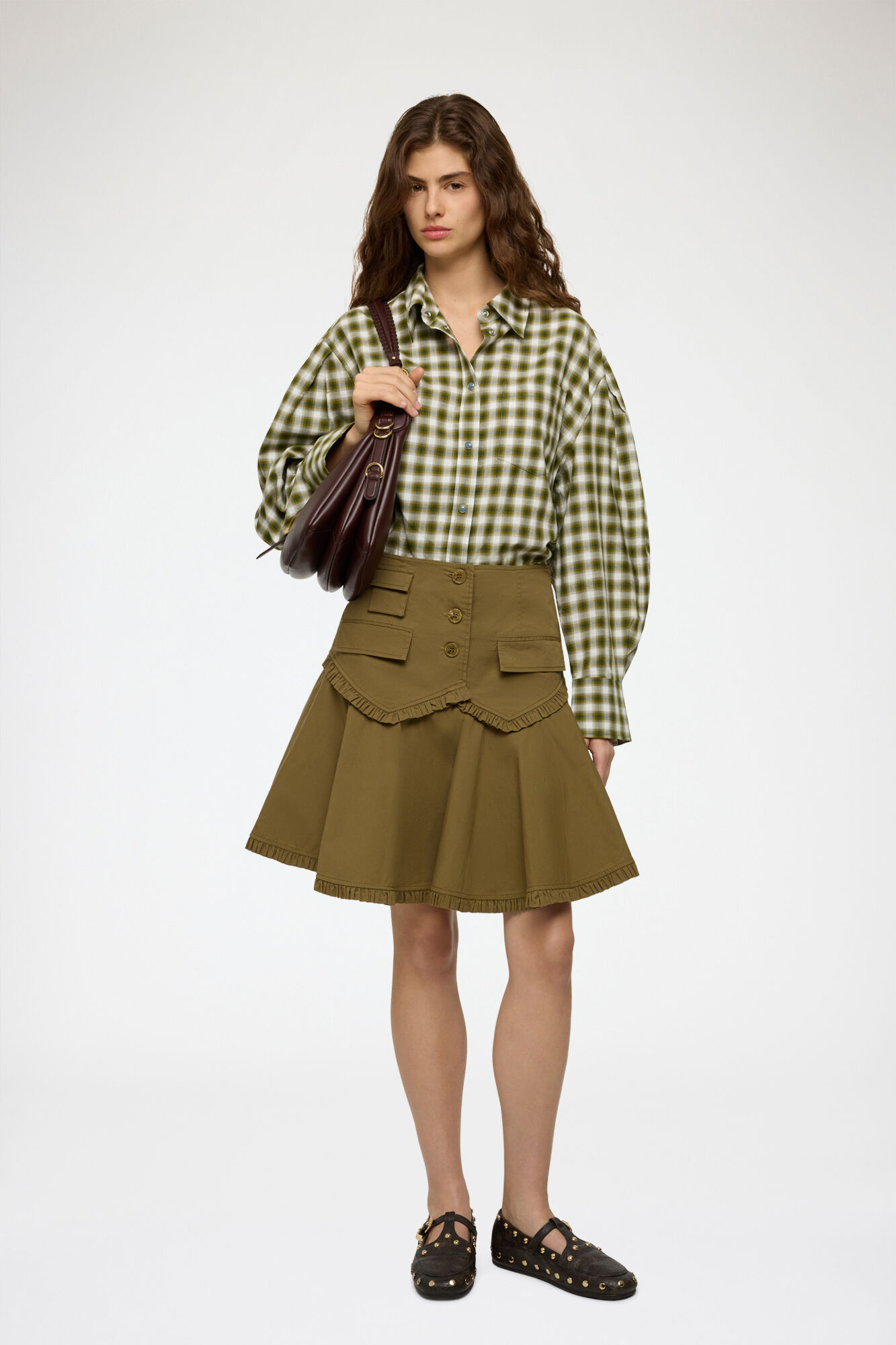 Skirt in Stretch Cotton, Organic Cotton, in colour Military Olive - 1 - GANNI