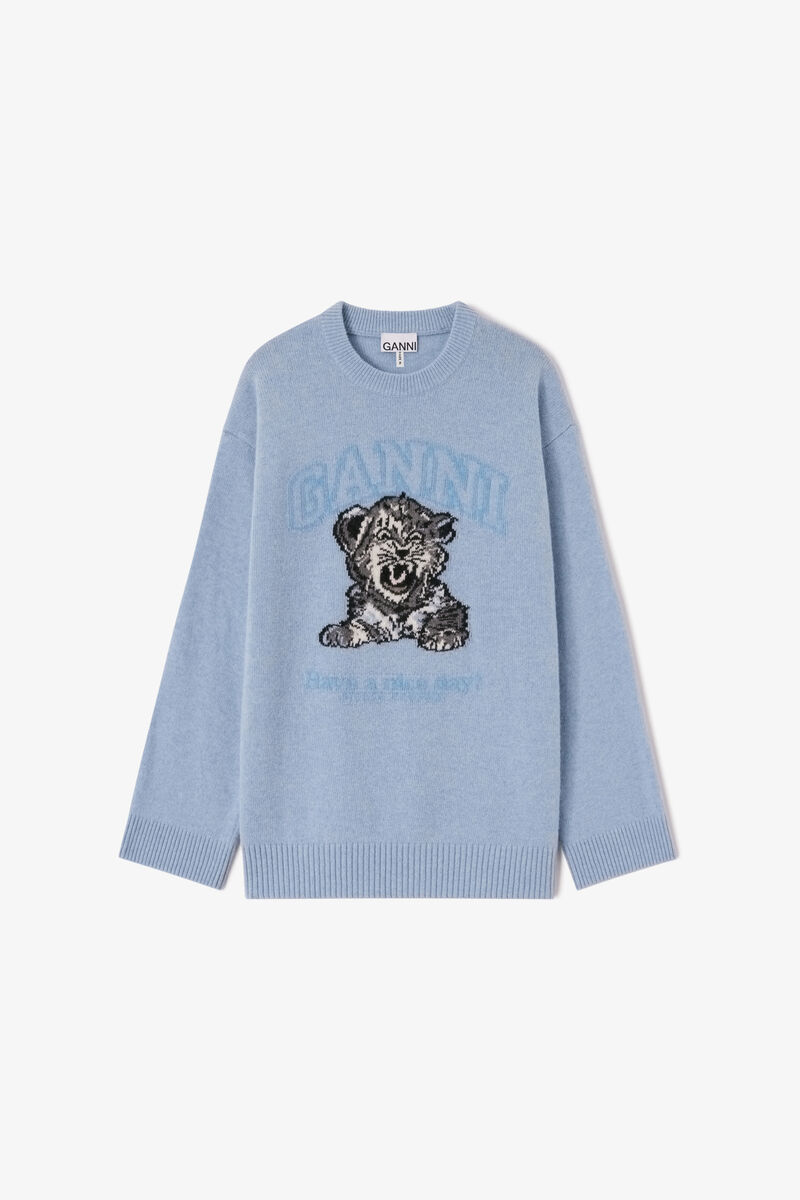 Oversized Jumper with Tiger, Recycled Wool, in colour Baby Blue - 1 - GANNI