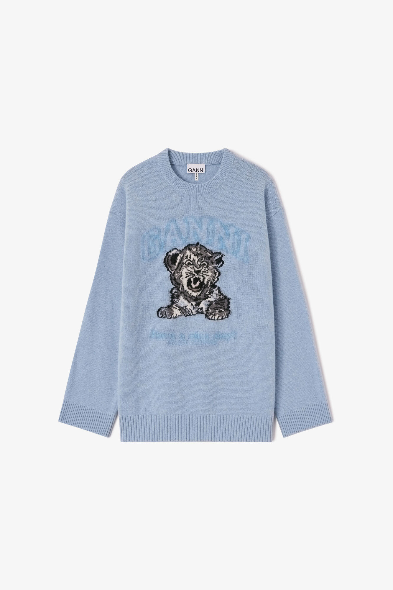 Oversized Jumper with Tiger, Recycled Wool, in colour Baby Blue - 1 - GANNI