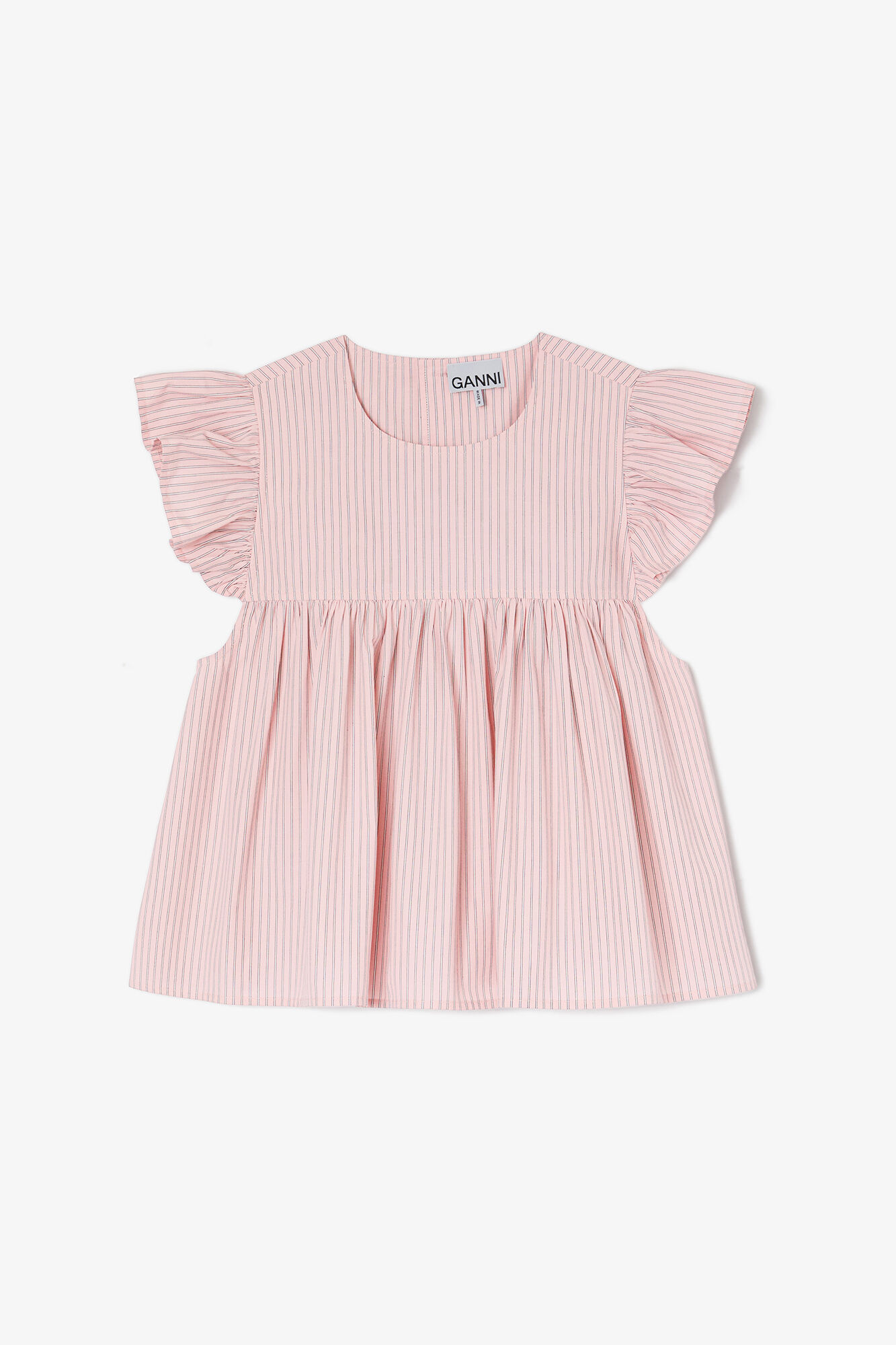 Pink Frill Sleeve Top, Organic Cotton, in colour Chalk Pink - 1 - GANNI