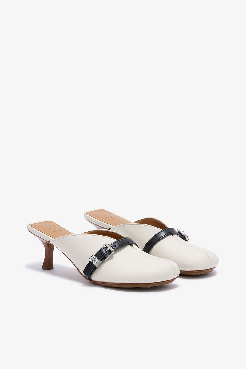 Sue Heeled Mules in white, Recycled Leather, in colour Egret - 2 - GANNI