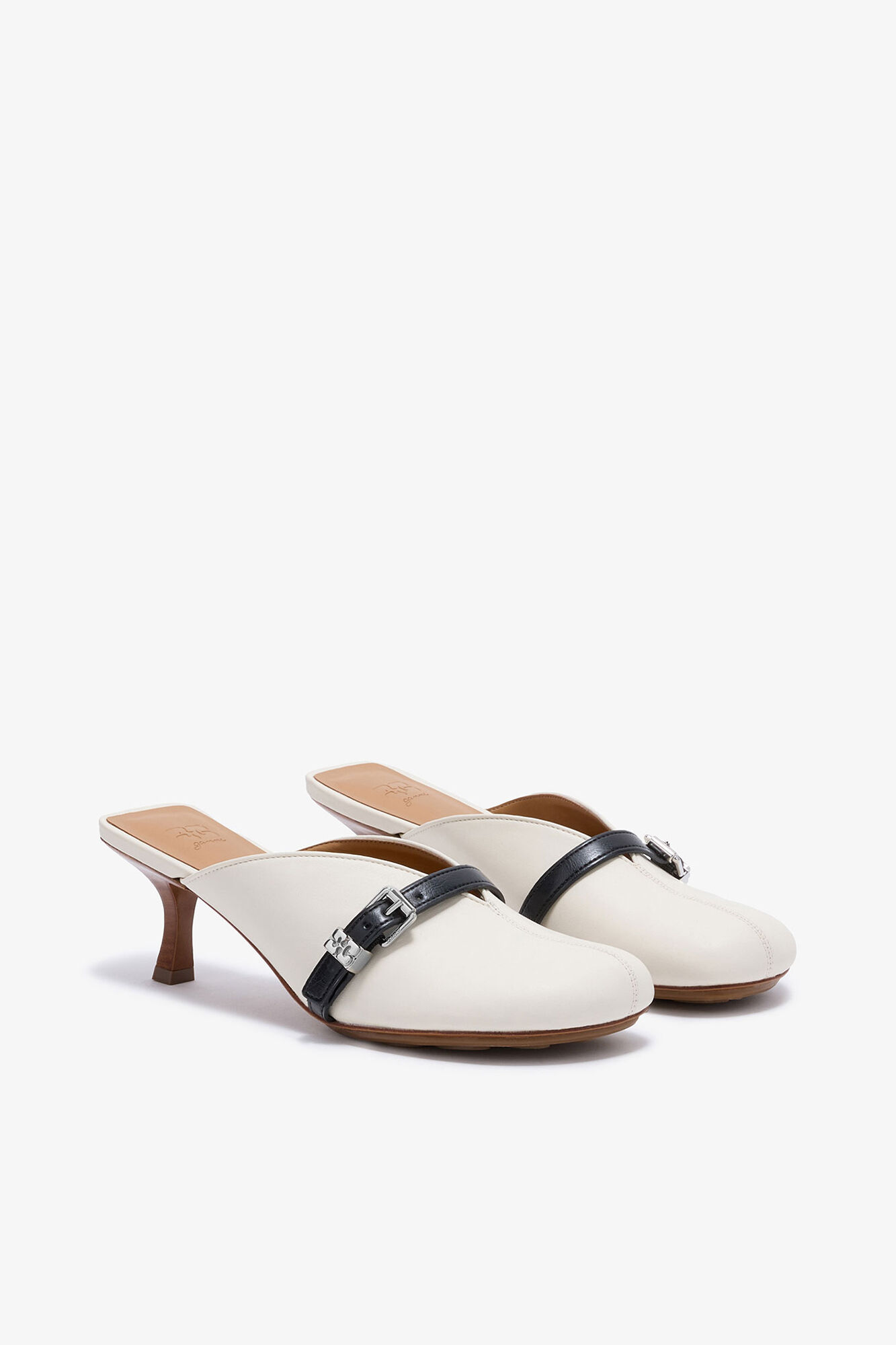 Sue Heeled Mules in white, Recycled Leather, in colour Egret - 2 - GANNI