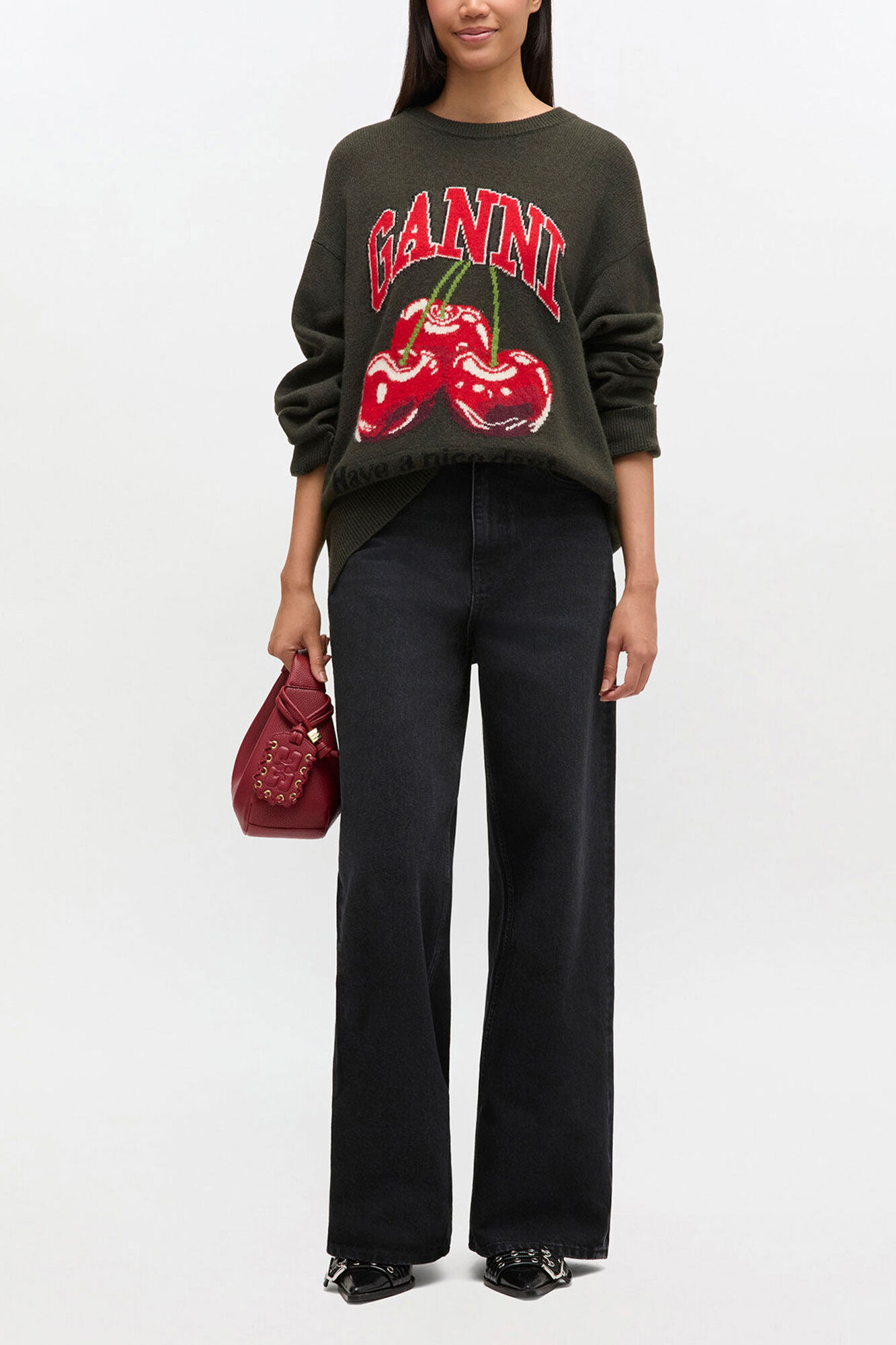 Oversized Jumper in Graphic Wool, Wool, in colour Kalamata - 1 - GANNI