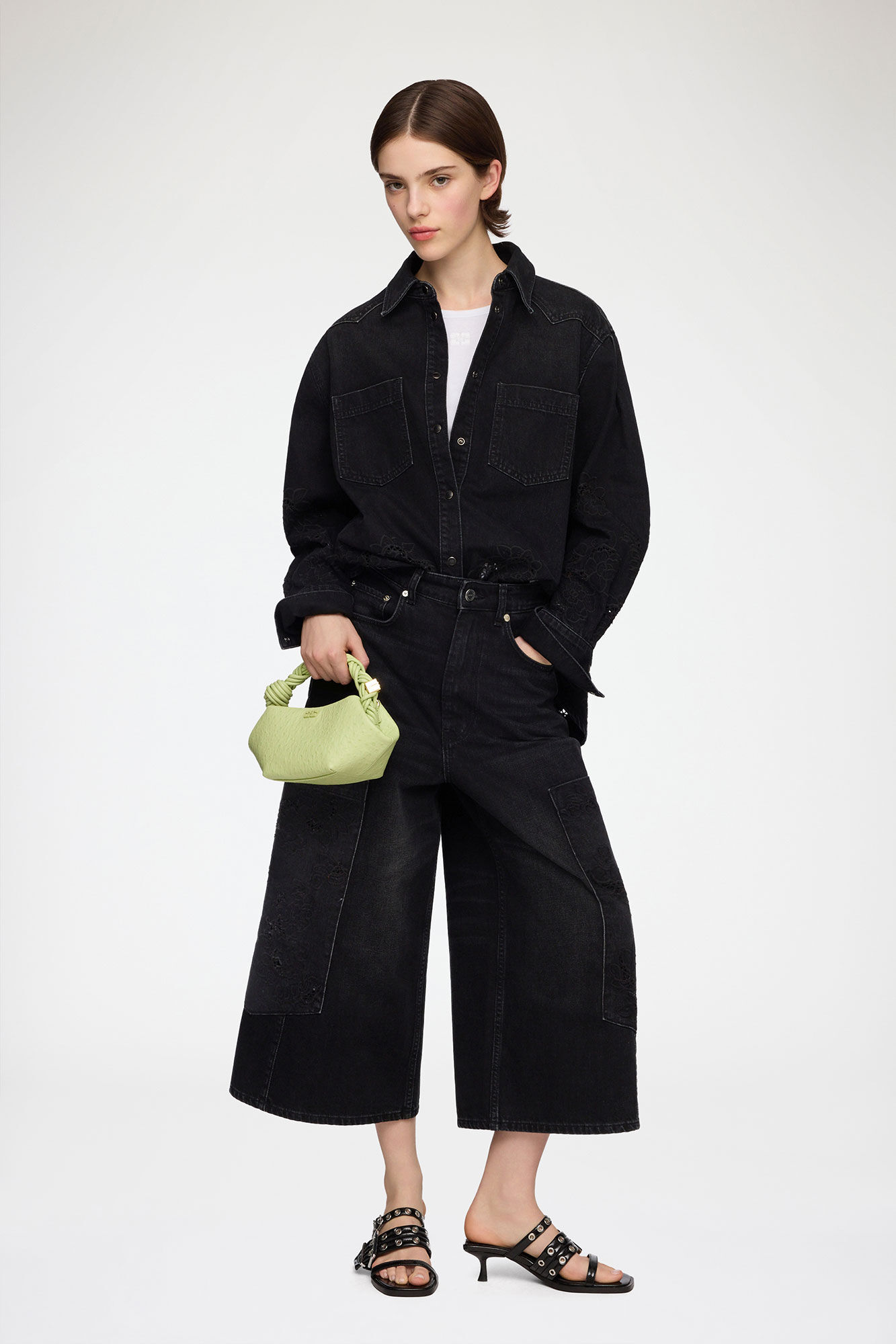 Shirt in Denim Broderie Anglaise, Organic Cotton, in colour Black Washed - 2 - GANNI