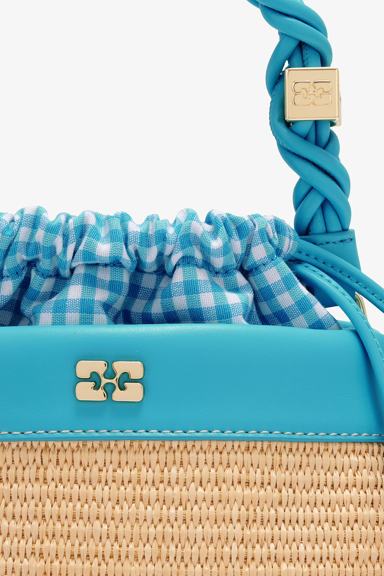 Bou Bucket Bag in Straw, Recycled Leather, in colour Scuba Blue - 3 - GANNI