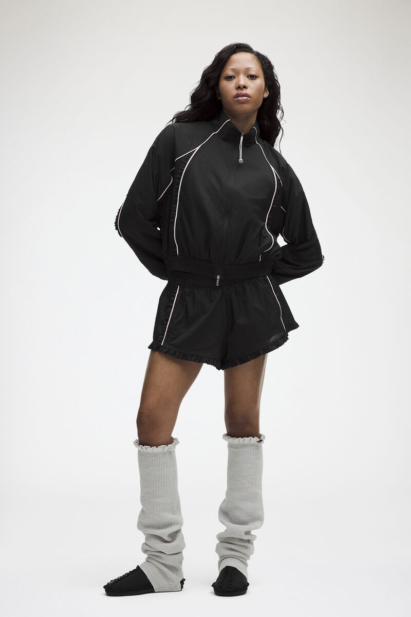 Ruffle-Trim Textured MR Shorts, Recycled Polyamide, in colour Black - 1 - GANNI