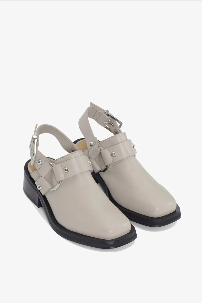 Beige Slingback Biker Mules, Safari