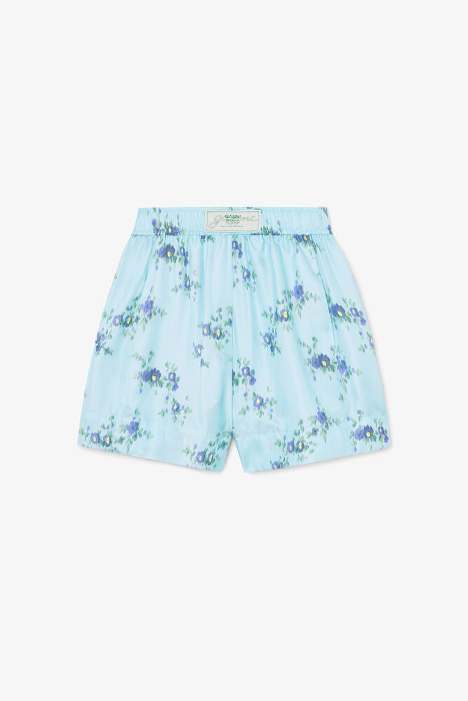 Shorts in Printed Silk, Iced Aqua