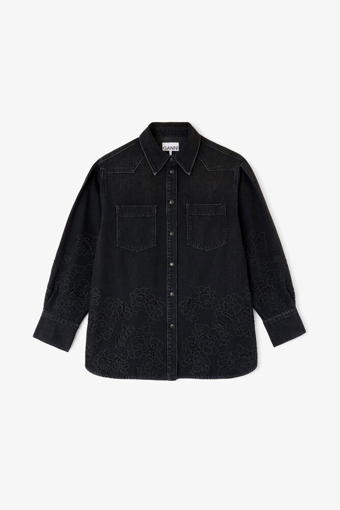 Shirt in Denim Broderie Anglaise, Black Washed