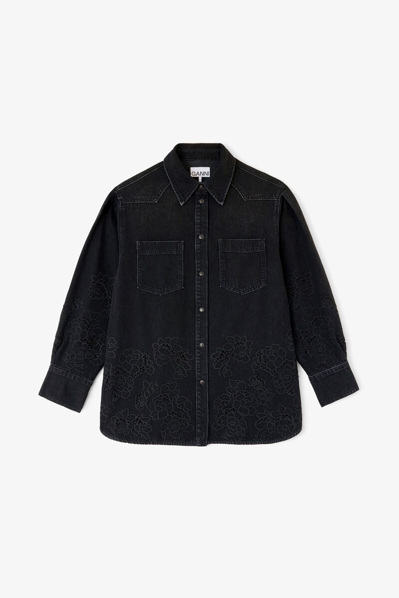 Shirt in Denim Broderie Anglaise, Organic Cotton, in colour Black Washed - 1 - GANNI