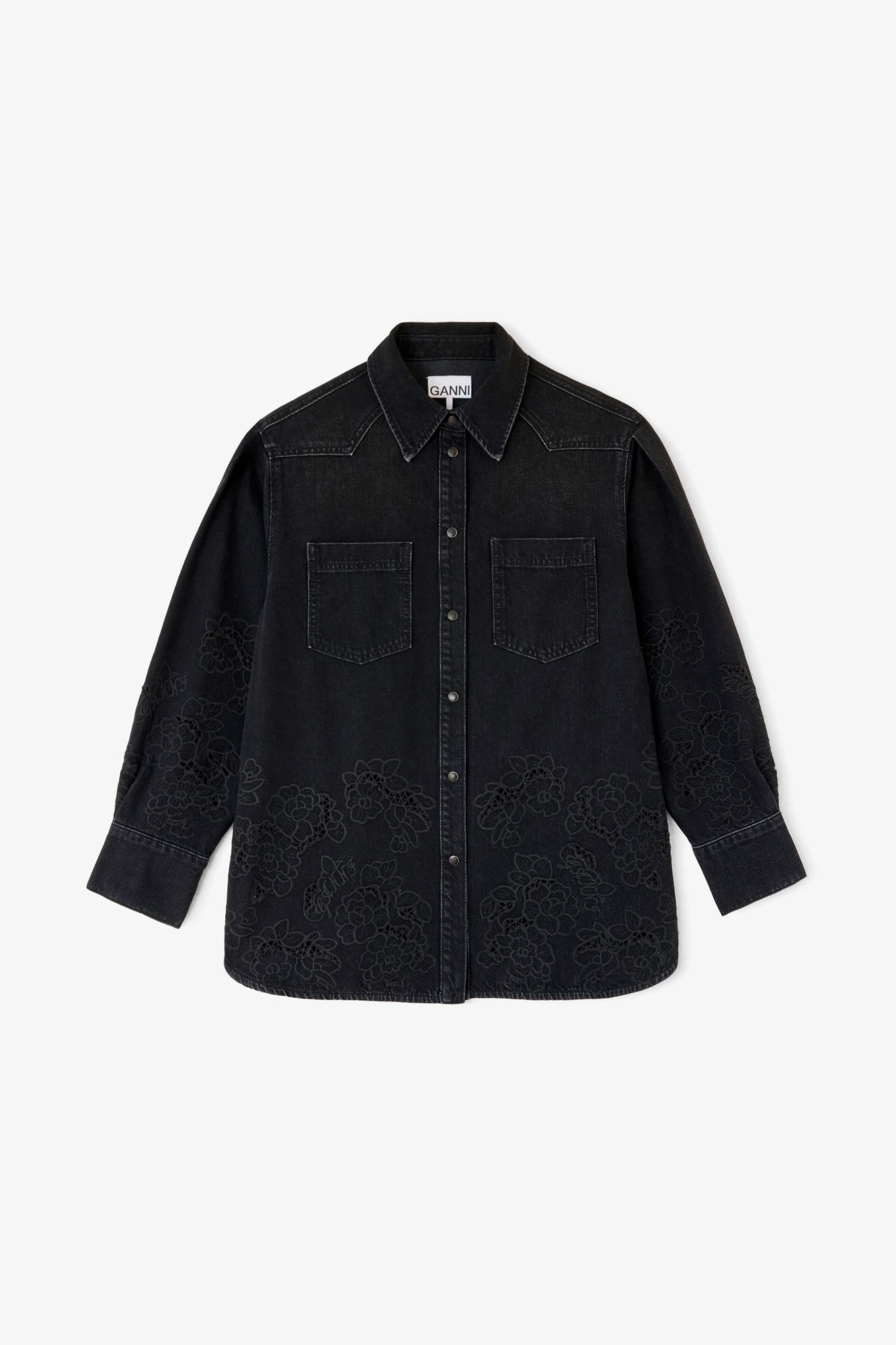 Shirt in Denim Broderie Anglaise, Organic Cotton, in colour Black Washed - 1 - GANNI