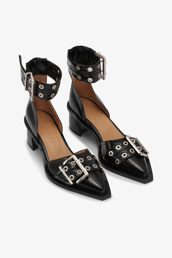 Black Feminine Buckle Open Cut Pumps, Black
