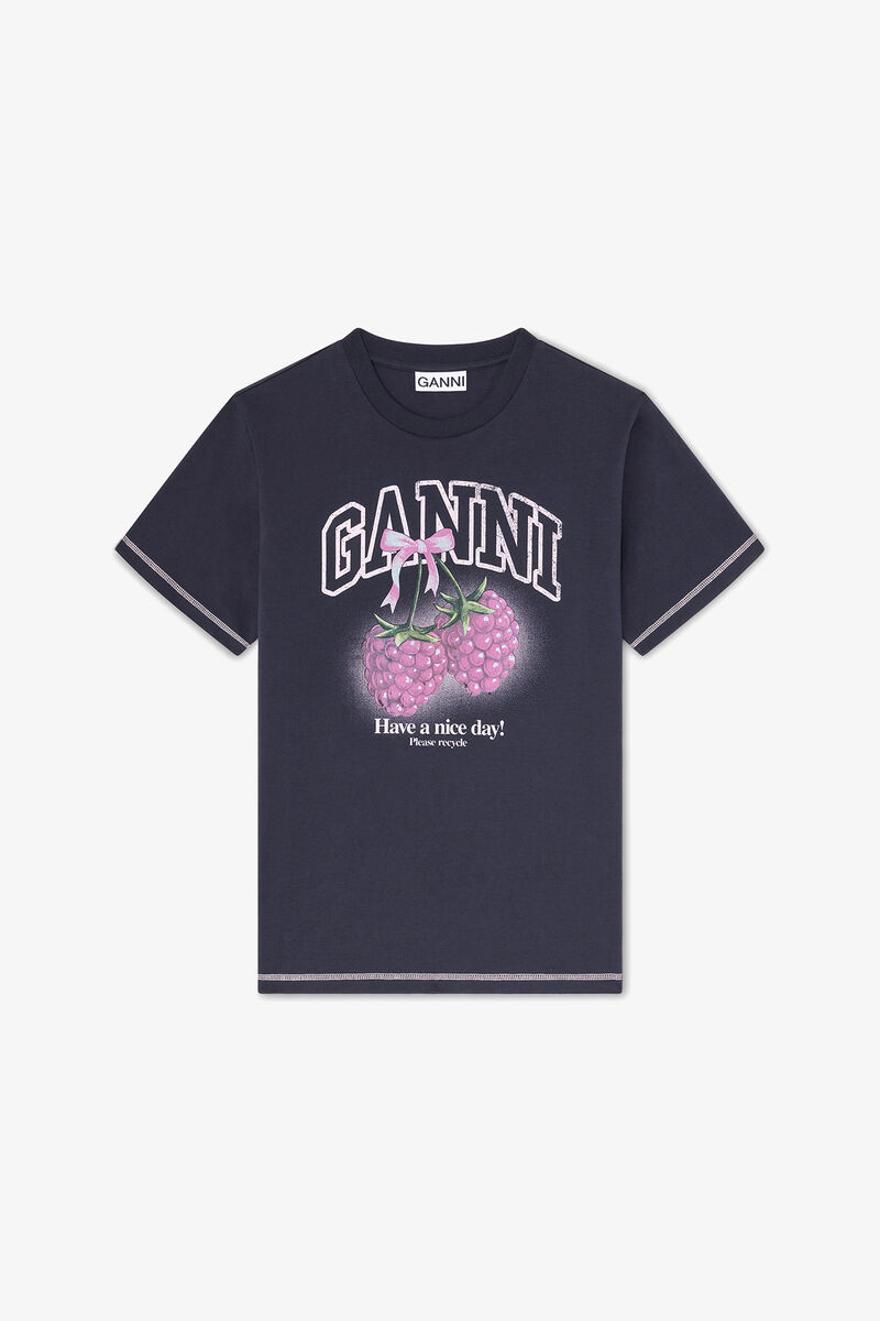 T-shirt with Raspberries, Organic Cotton, in colour Phantom - 1 - GANNI