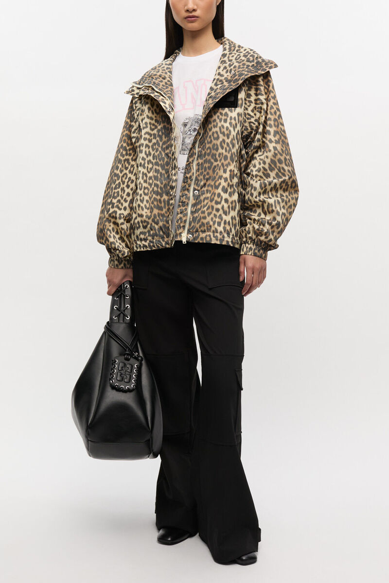 Jakke i leopard nylon, Recycled Nylon, in colour Almond Milk - 2 - GANNI