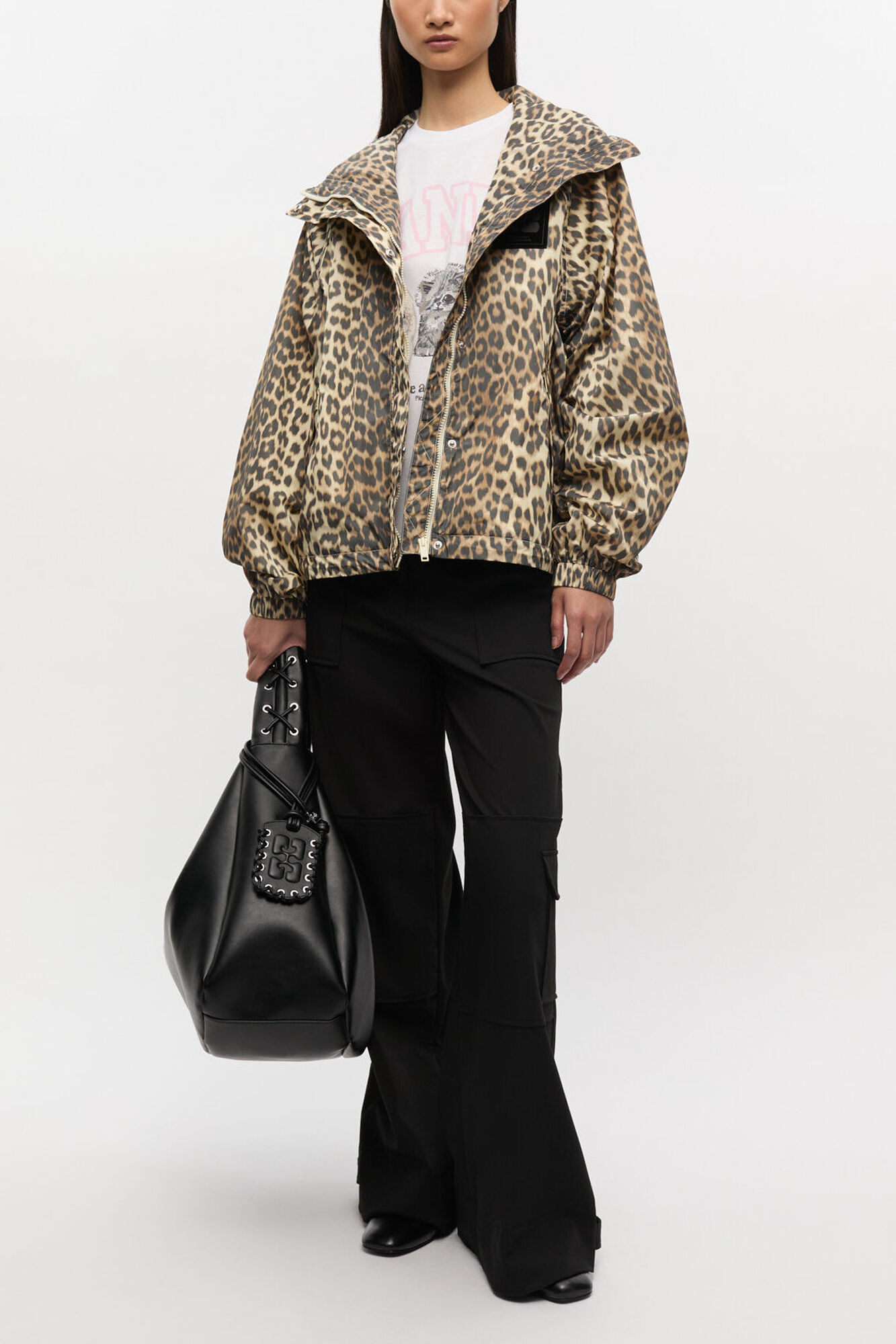 Jakke i leopard nylon, Recycled Nylon, in colour Almond Milk - 2 - GANNI