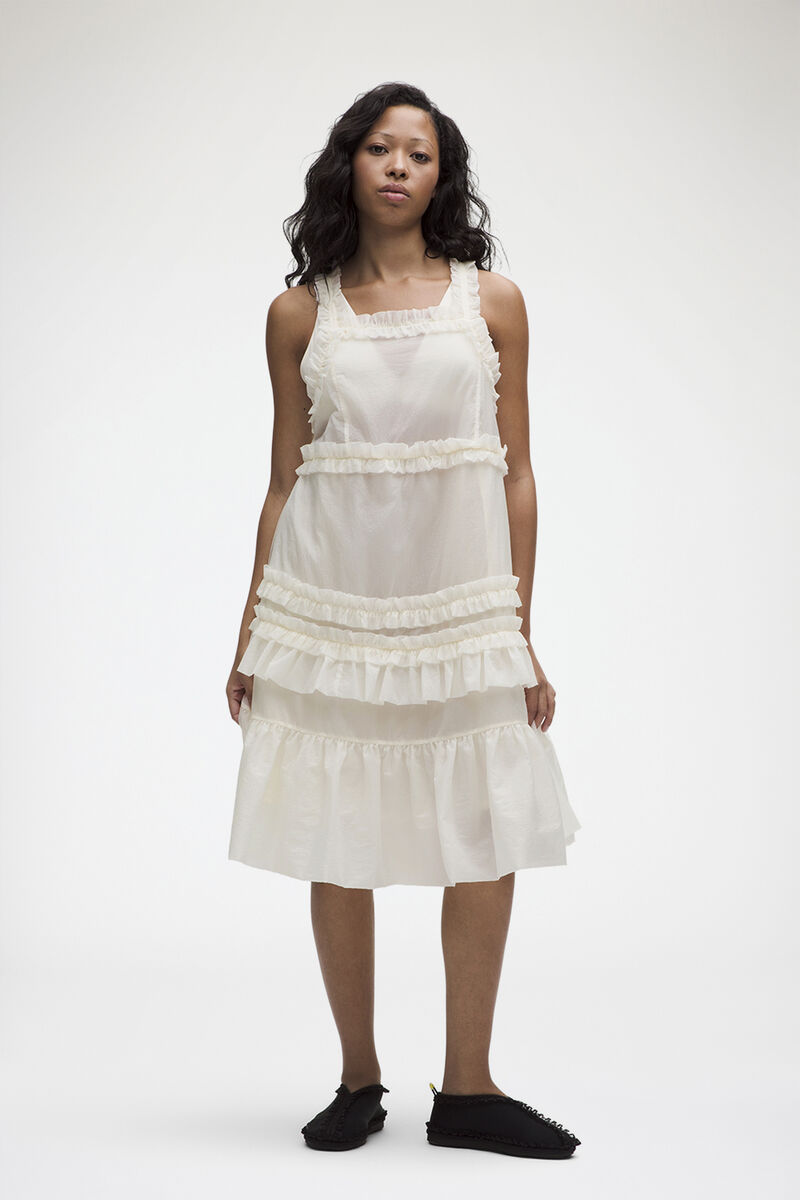 Ruffle-Trim Textured Midi Dress, Recycled Polyamide, in colour Coconut Ivory - 1 - GANNI