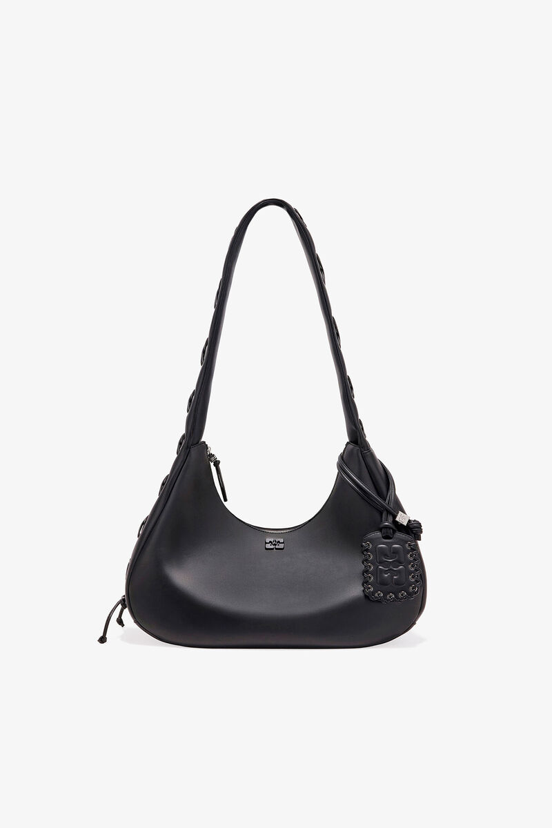 Black Medium Laces Hobo Bag, Recycled Leather, in colour Black - 1 - GANNI