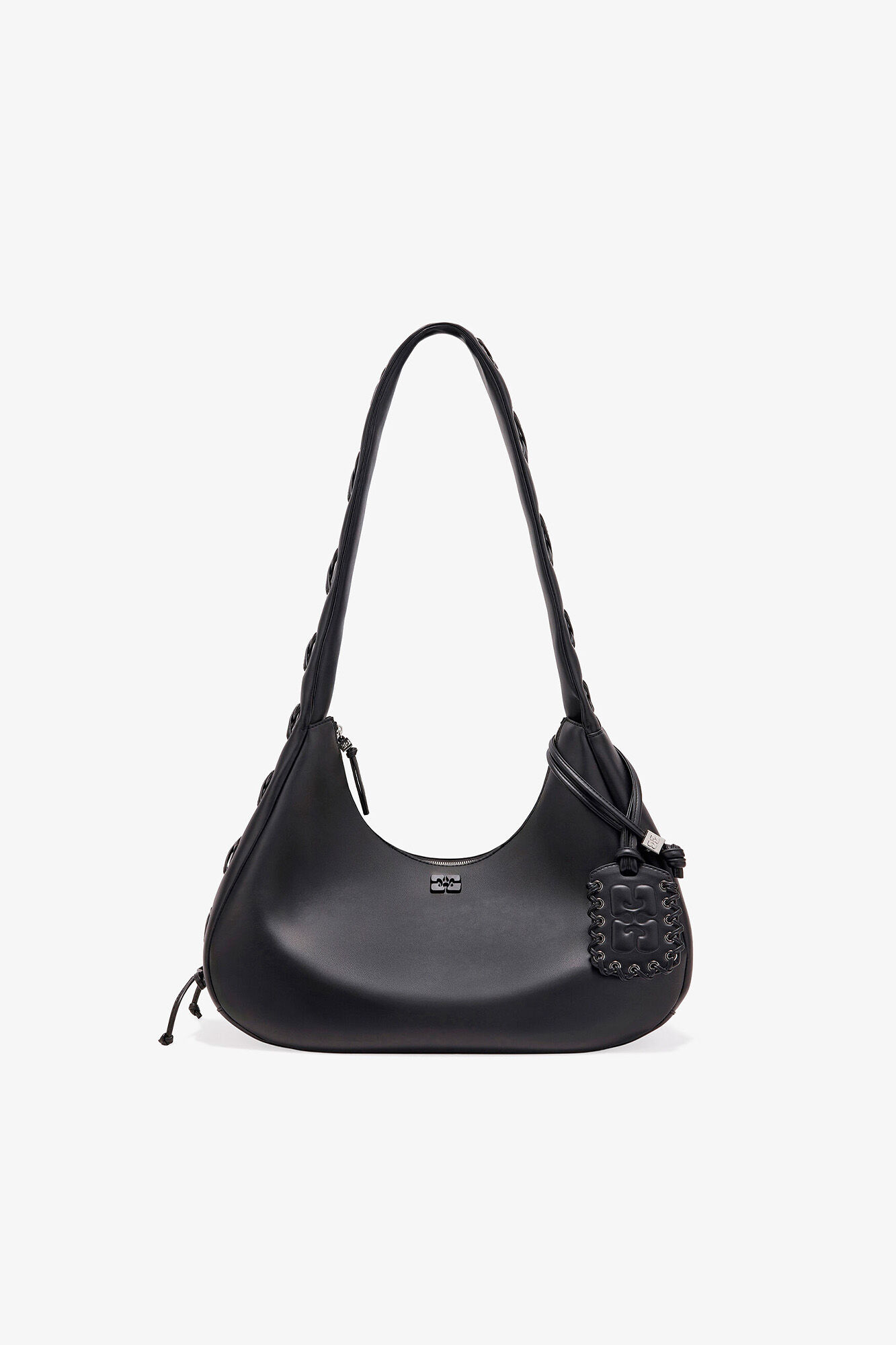 Black Medium Laces Hobo Bag, Recycled Leather, in colour Black - 1 - GANNI