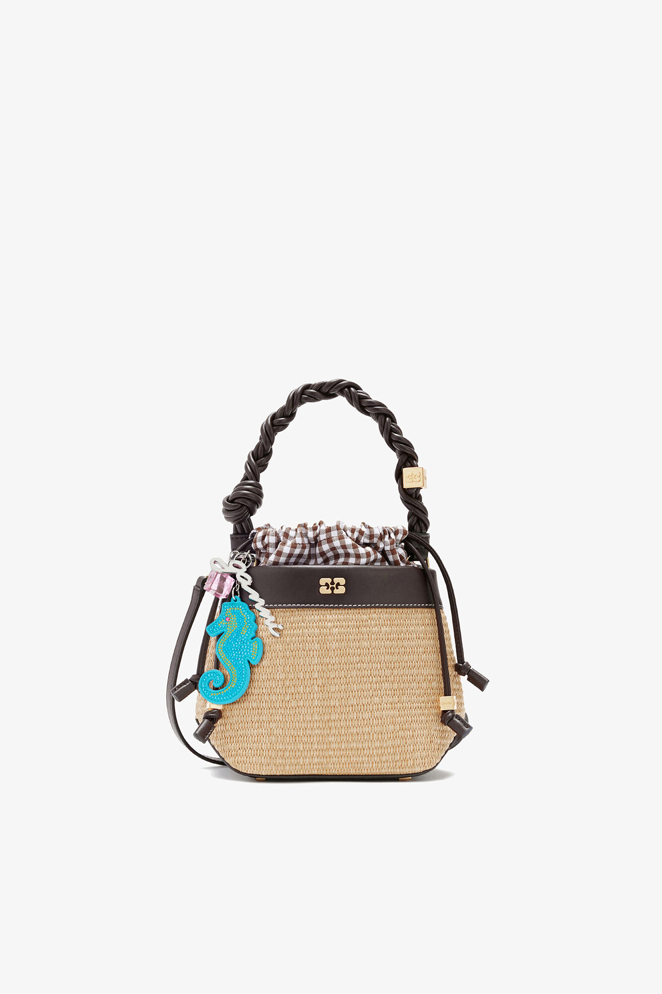 Bou Bucket Bag in Straw, Recycled Leather, in colour Seal Brown - 4 - GANNI