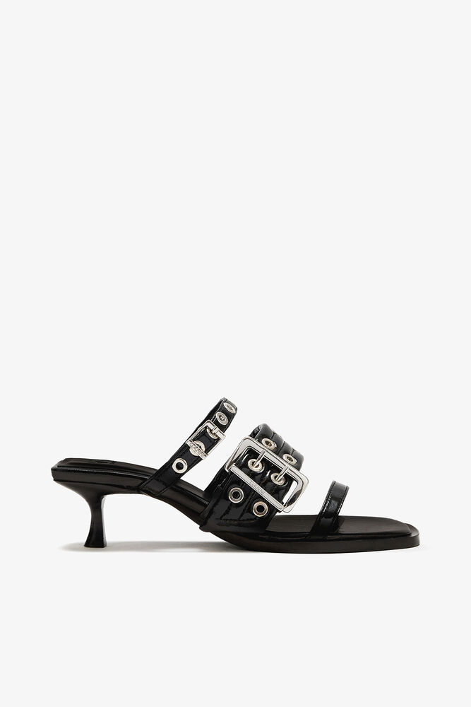 Buckle Strap Mule in Black, Black