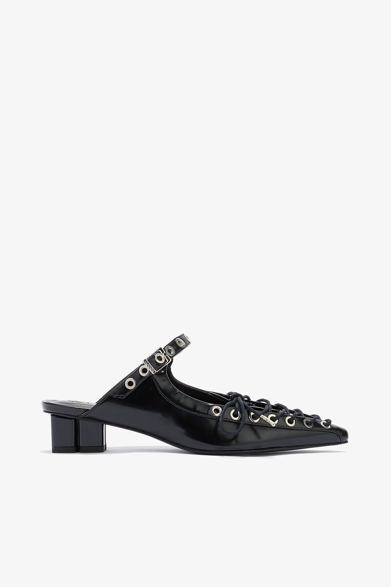 Lace-Up Mules in Black Oleatex, Recycled Polyester, in colour Black - 1 - GANNI