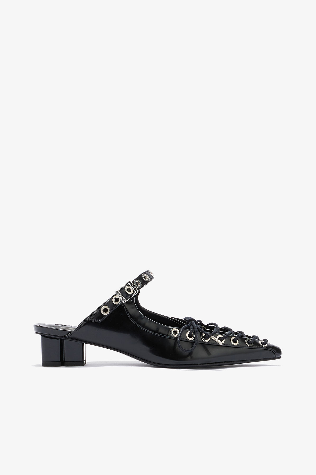 Lace-Up Mules in Black Oleatex, Recycled Polyester, in colour Black - 1 - GANNI