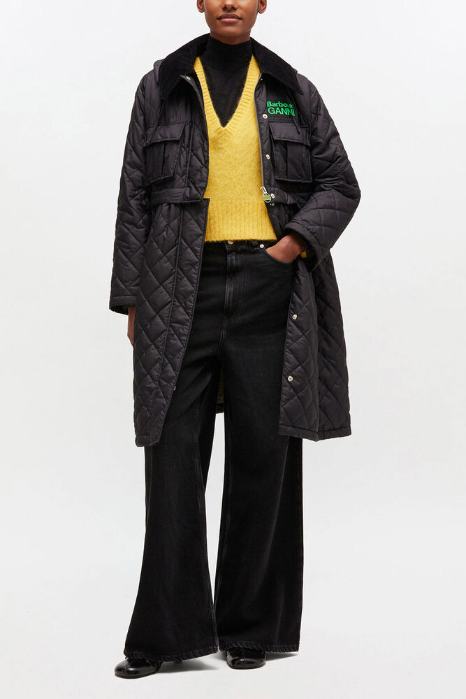 Quilted Long Coat in Black, Black