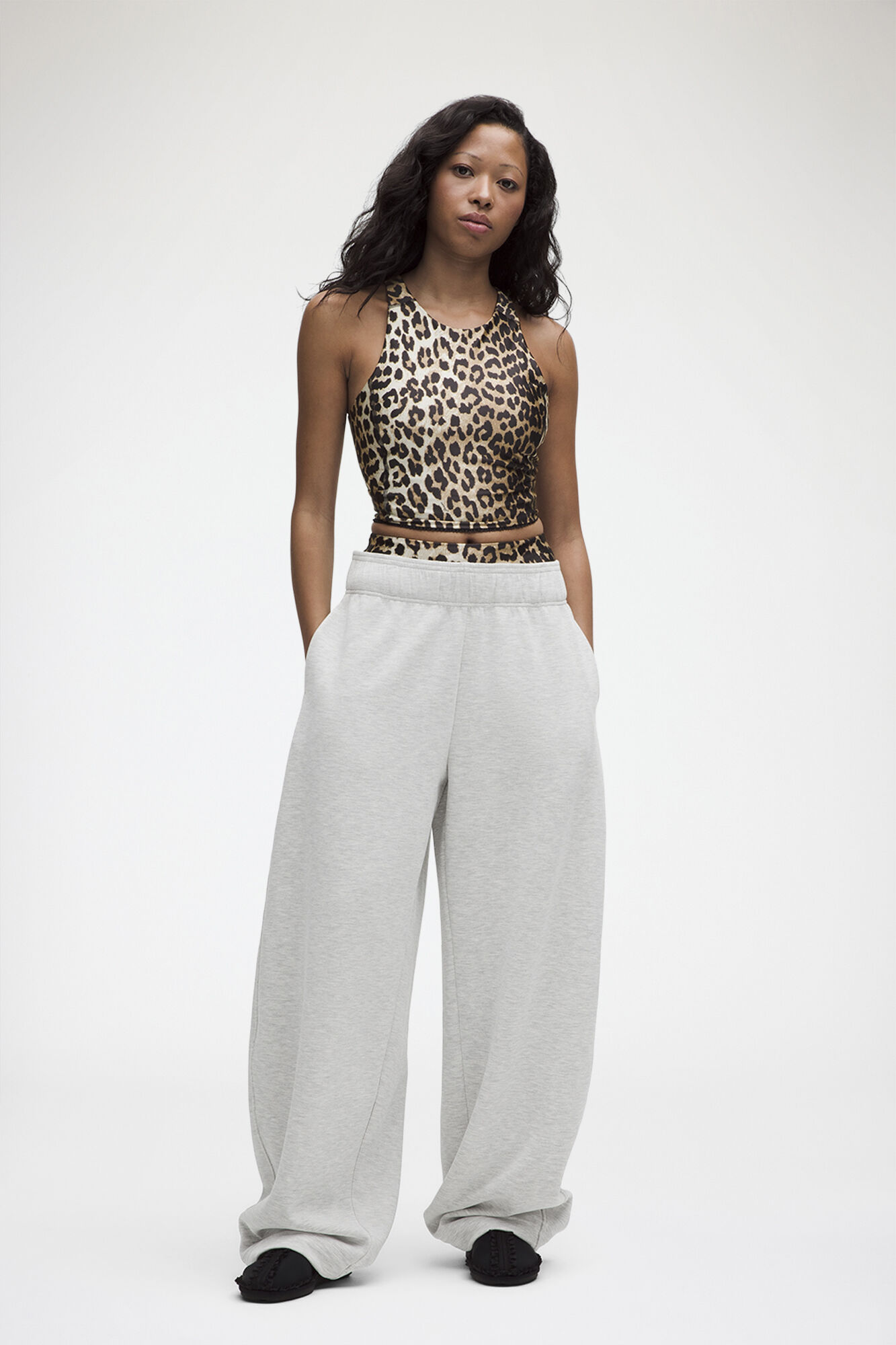 Brushed Softstreme Barrel-Leg Pants, Recycled Polyester, in colour Heathered Core Ultra Light Grey - 1 - GANNI