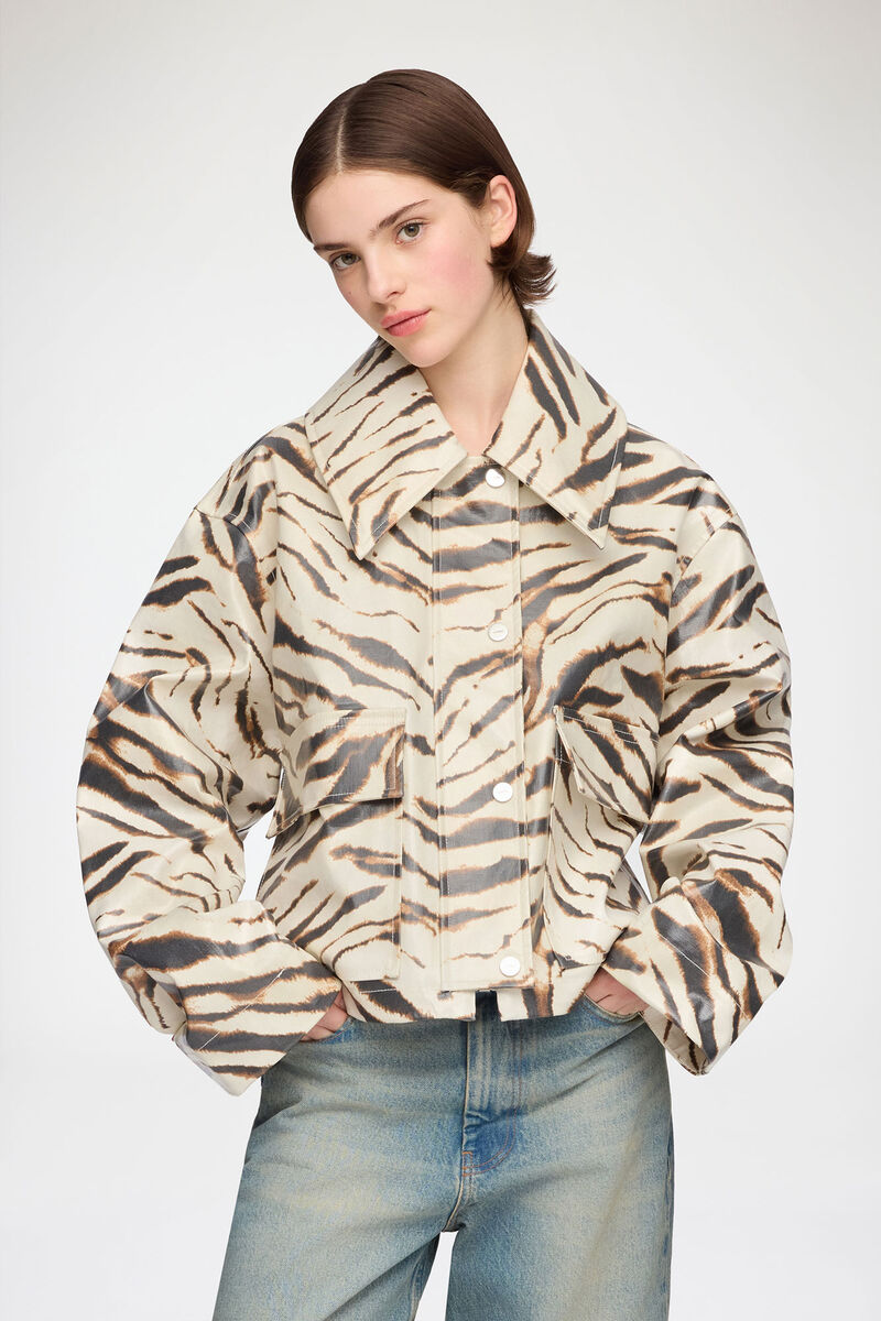 Jacket in Laminated Zebra, Organic Cotton, in colour Egret - 1 - GANNI