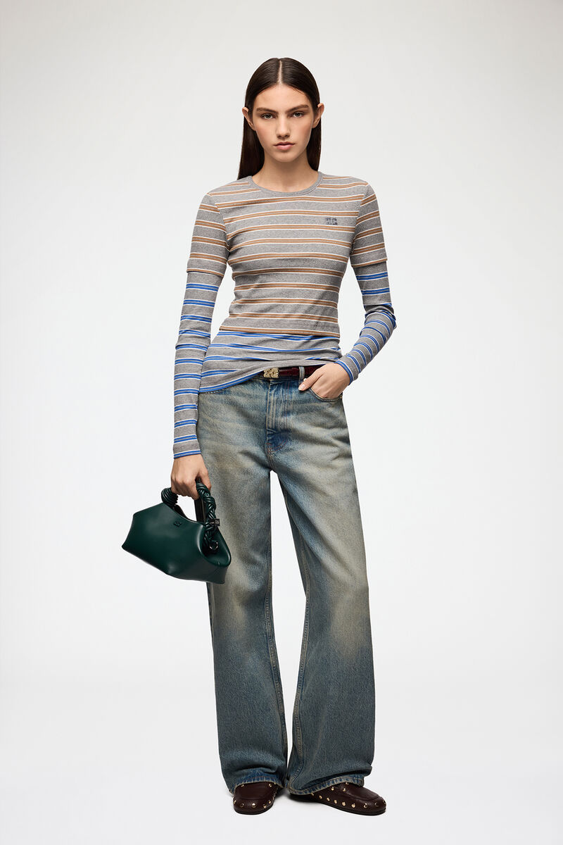 Long-sleeve Top in Double Stripe, Organic Cotton, in colour Strong Blue - 2 - GANNI