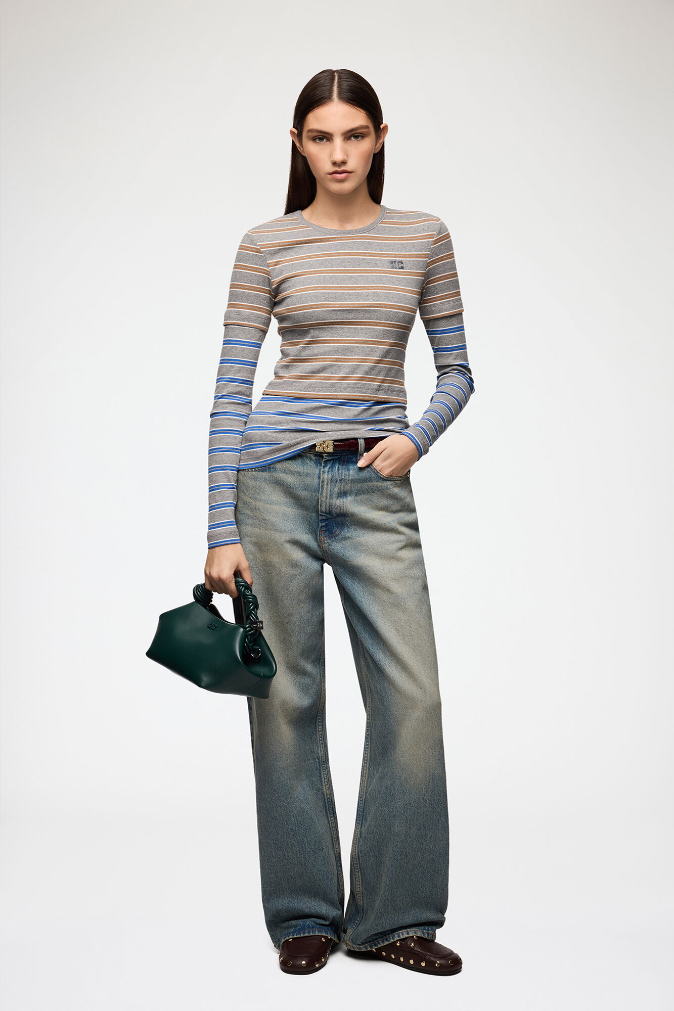 Long-sleeve Top in Double Stripe, Organic Cotton, in colour Strong Blue - 2 - GANNI