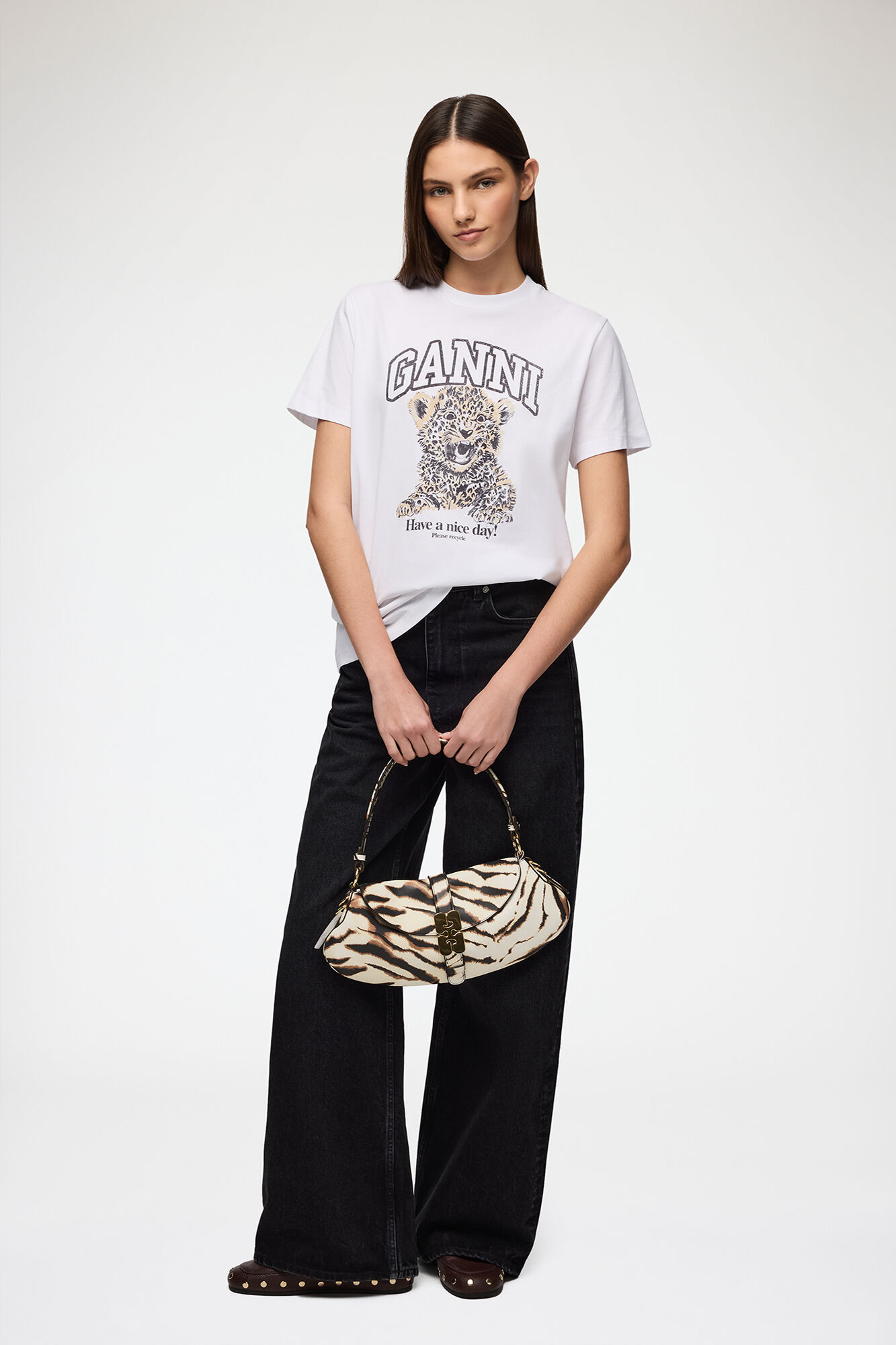 T-shirt basique en jersey blanc avec léopard, Organic Cotton, in colour Leopard - 2 - GANNI
