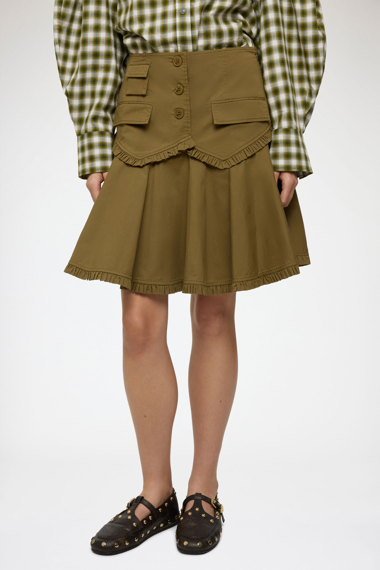 Skirt in Stretch Cotton, Organic Cotton, in colour Military Olive - 2 - GANNI