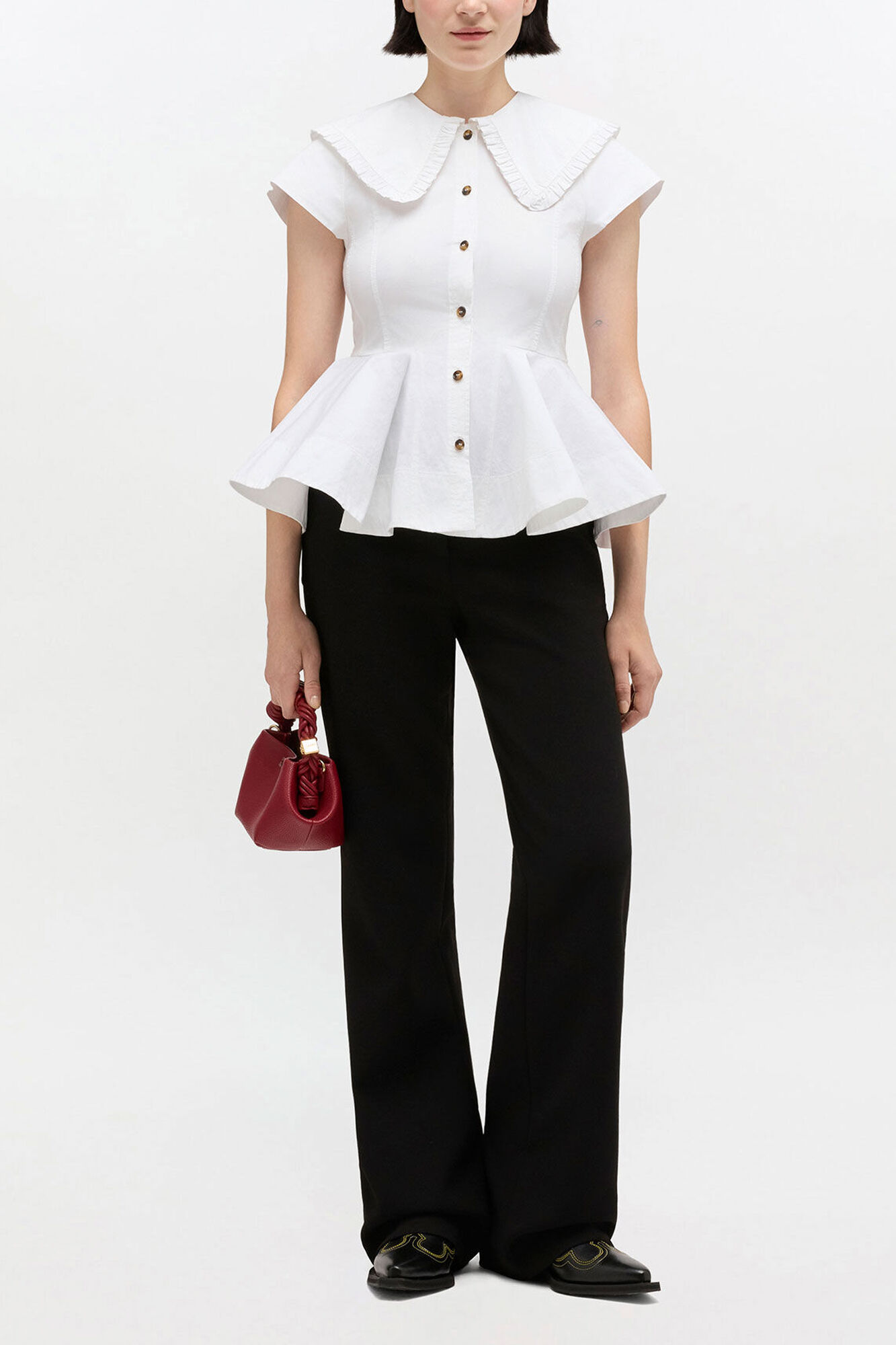 Short Cotton Ruffle Shirt, Organic Cotton, in colour Bright White - 2 - GANNI