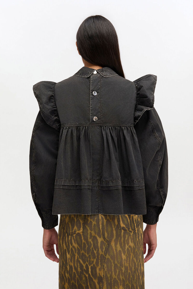 Black Washed Frill Blouse, Organic Cotton, in colour Black - 3 - GANNI