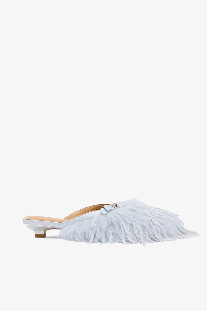 Sue Kitten Heel Mules in Blue Ostrich, Quiet Shade