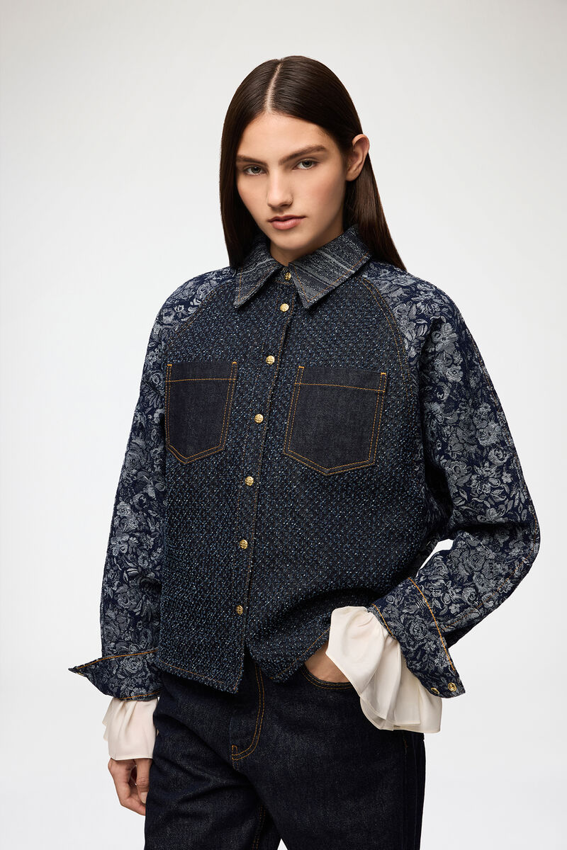 Shirt in Patchwork Denim, Organic Cotton, in colour Rinse - 1 - GANNI