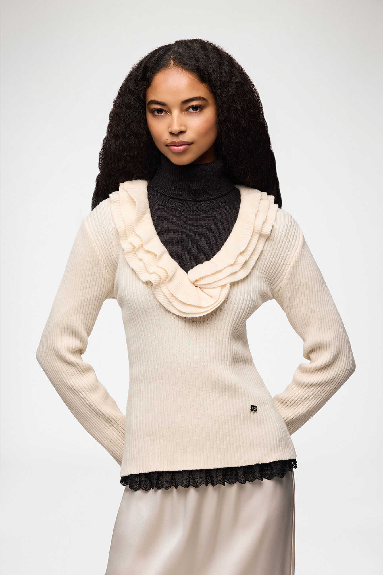 Top in Ribbed Merino, Merino Wool, in colour Egret - 1 - GANNI
