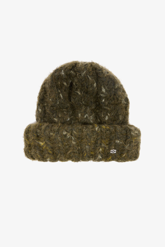 XXL Beanie in Green Cable Knit, Safari