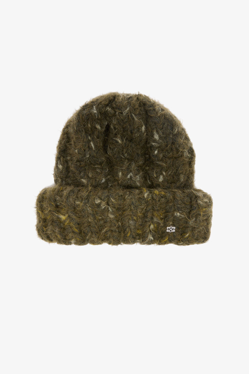 XXL Beanie in Green Cable Knit, Mohair, in colour Safari - 1 - GANNI